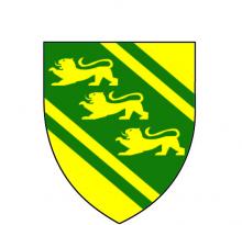 Or, on a bend cotised vert three lions passant palewise Or.